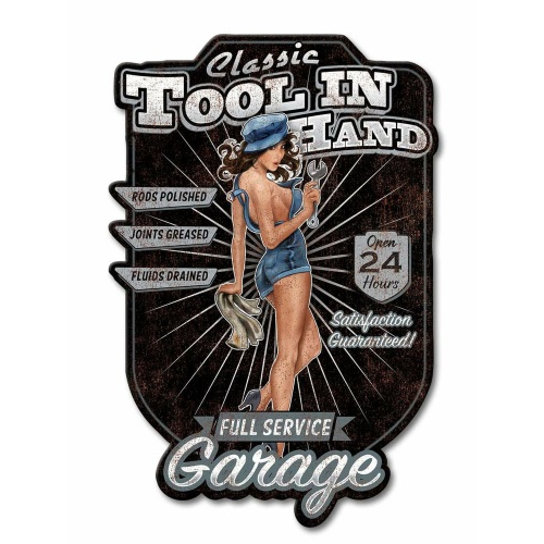 Plaque pin up garage tool in hand